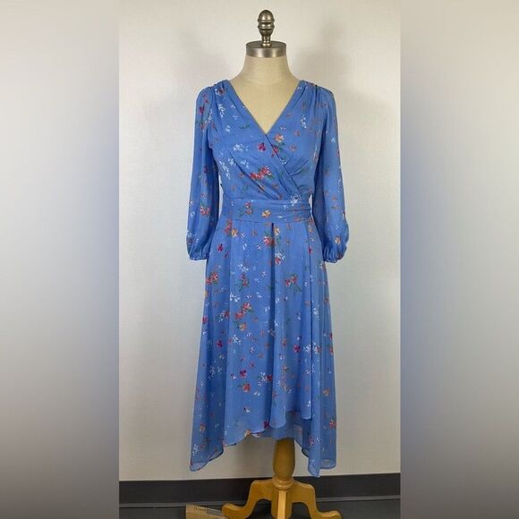 DKNY Blue Floral Wrap Dress Balloon Sleeves Maxi Women’s Sheer Lined Size 2 - Picture 1 of 11